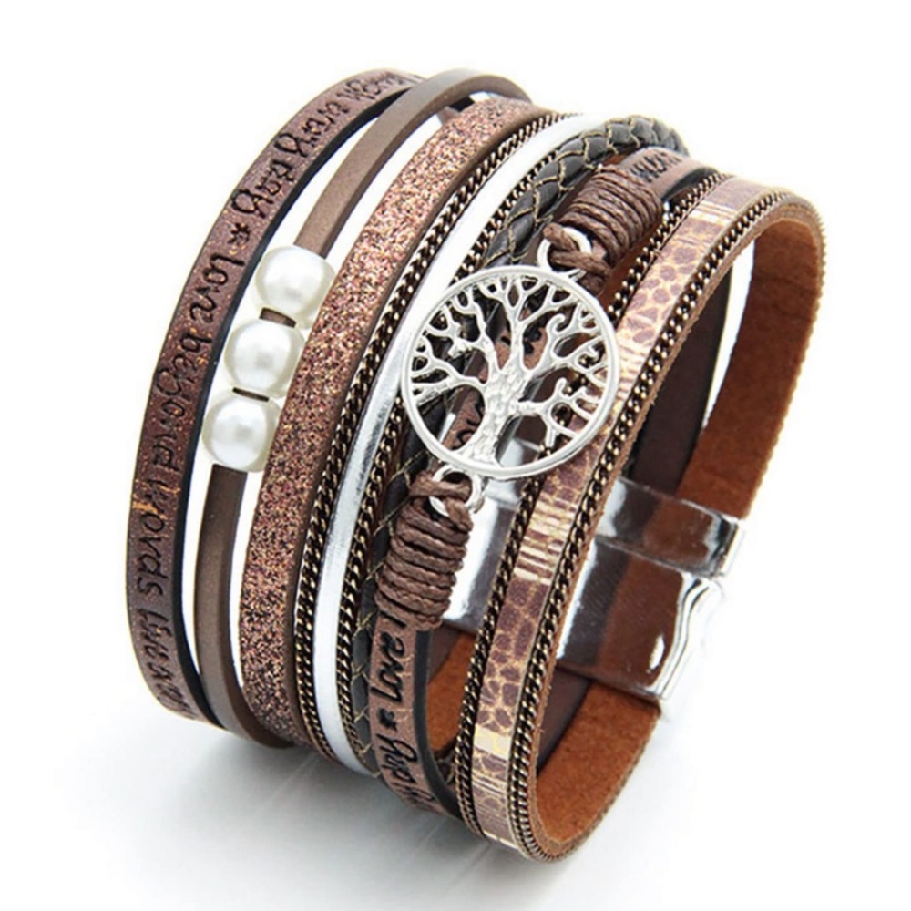 Brown Leather Wrap Bracelet with Tree of Life Charm